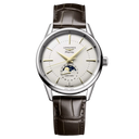 Longines Flagship Heritage Mondphasen-Automatikuhr mit silbernem Opalin-Zifferblatt und 38,5 mm braunem Lederarmband. 