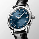 Longines Conquest Heritage Automatikuhr, blaues Zifferblatt, schwarzes Lederarmband, 38 mm 